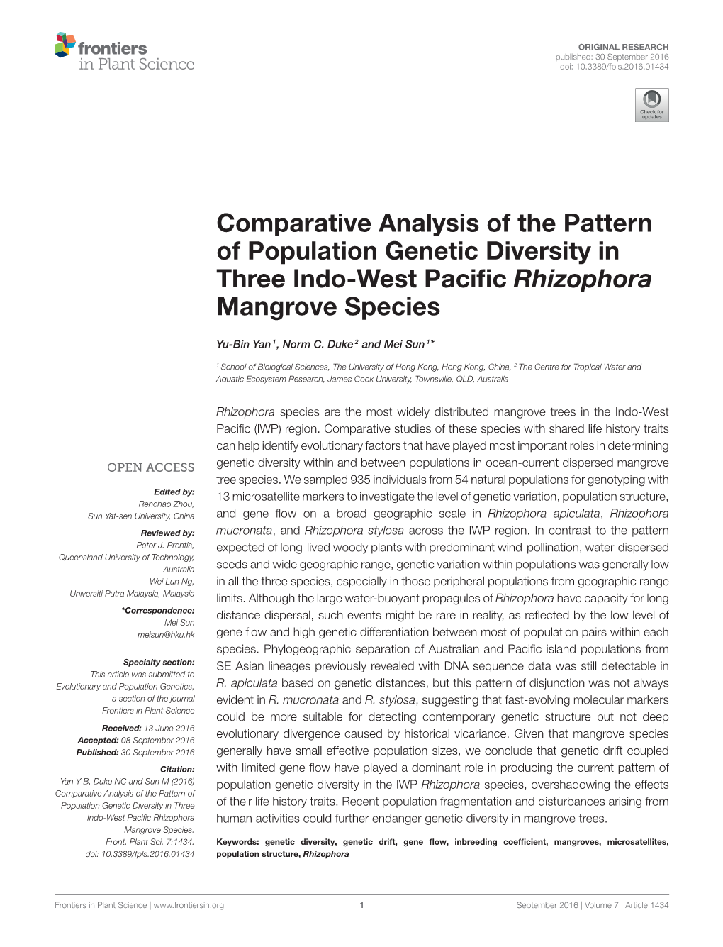 Comparative Analysis of the Pattern of Population Genetic Diversity in Three Indo-West Paciﬁc Rhizophora Mangrove Species