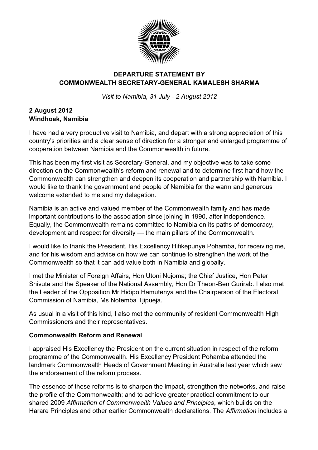 Departure Statement by Commonwealth Secretary-General Kamalesh Sharma