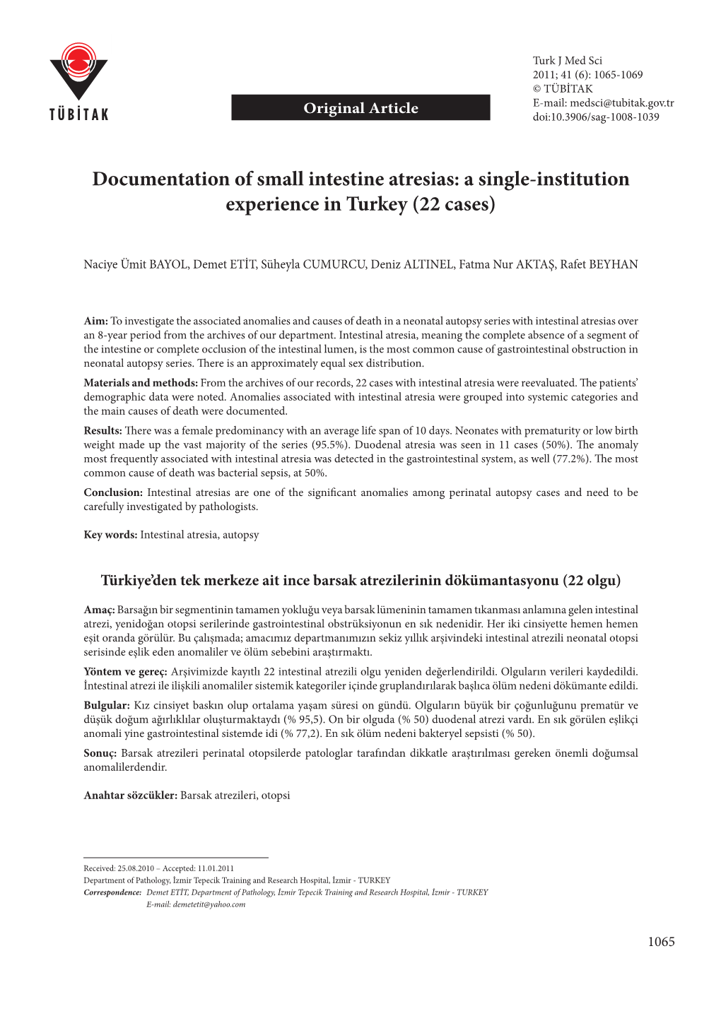 Documentation of Small Intestine Atresias: a Single-Institution Experience in Turkey (22 Cases)