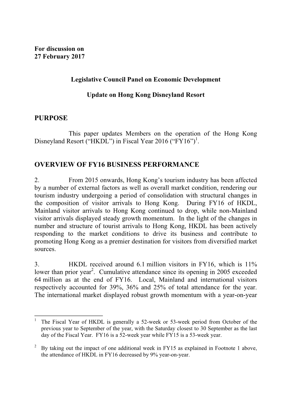 Legislative Council Panel on Economic Development Update on Hong Kong Disneyland Resort