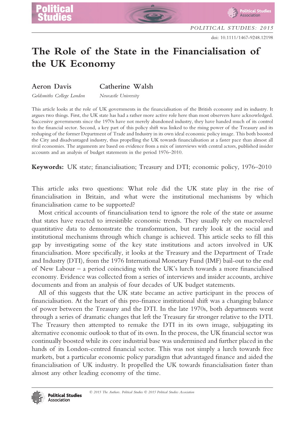 The Role of the State in the Financialisation of the UK Economy