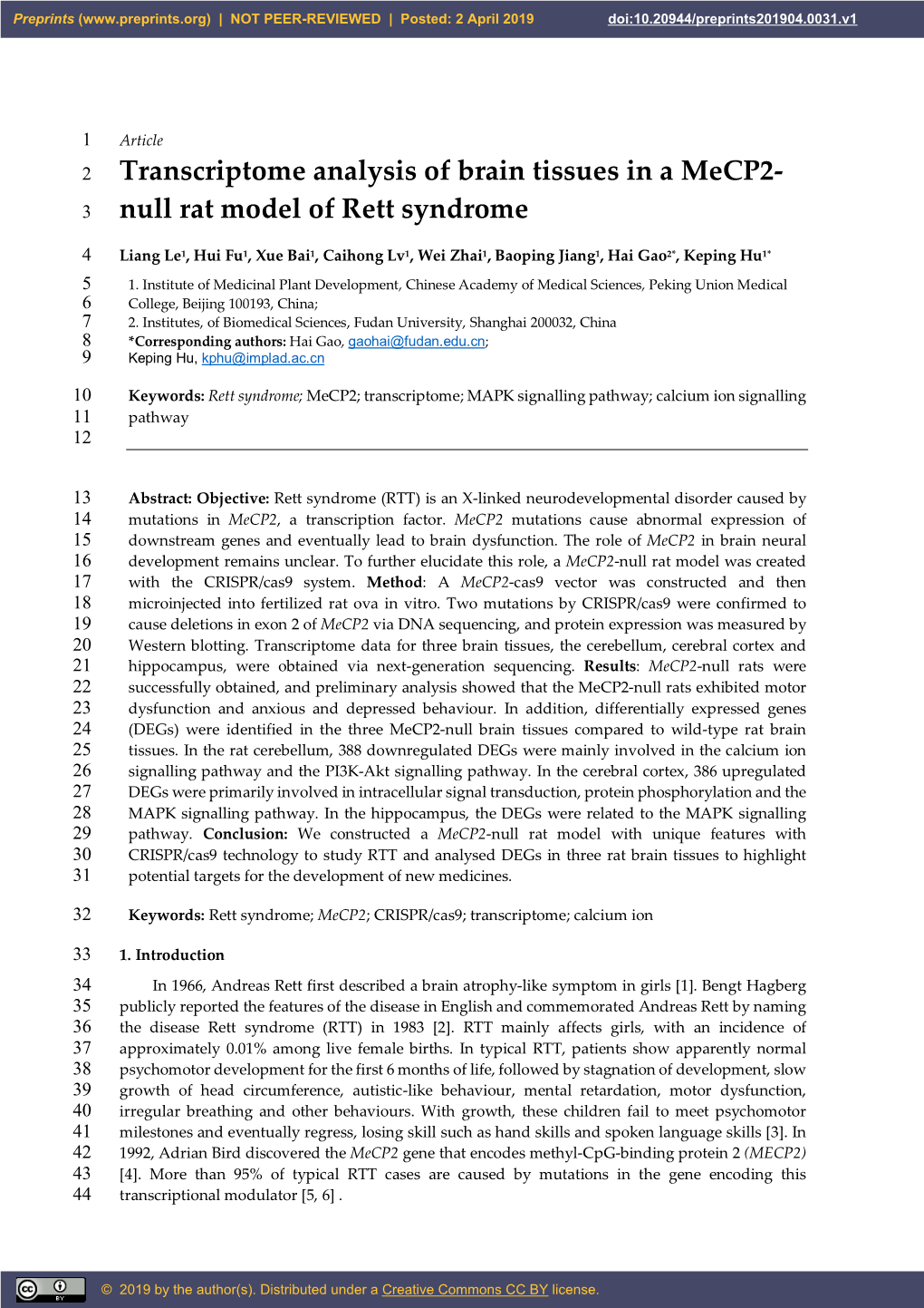 Transcriptome Analysis of Brain Tissues in a Mecp2- Null Rat Model