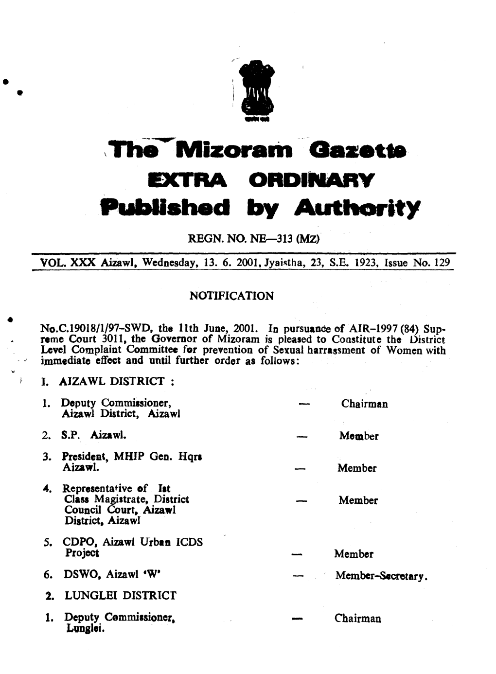 The Mizoram Clezet. EXTRA ORDINARY Published by Authority