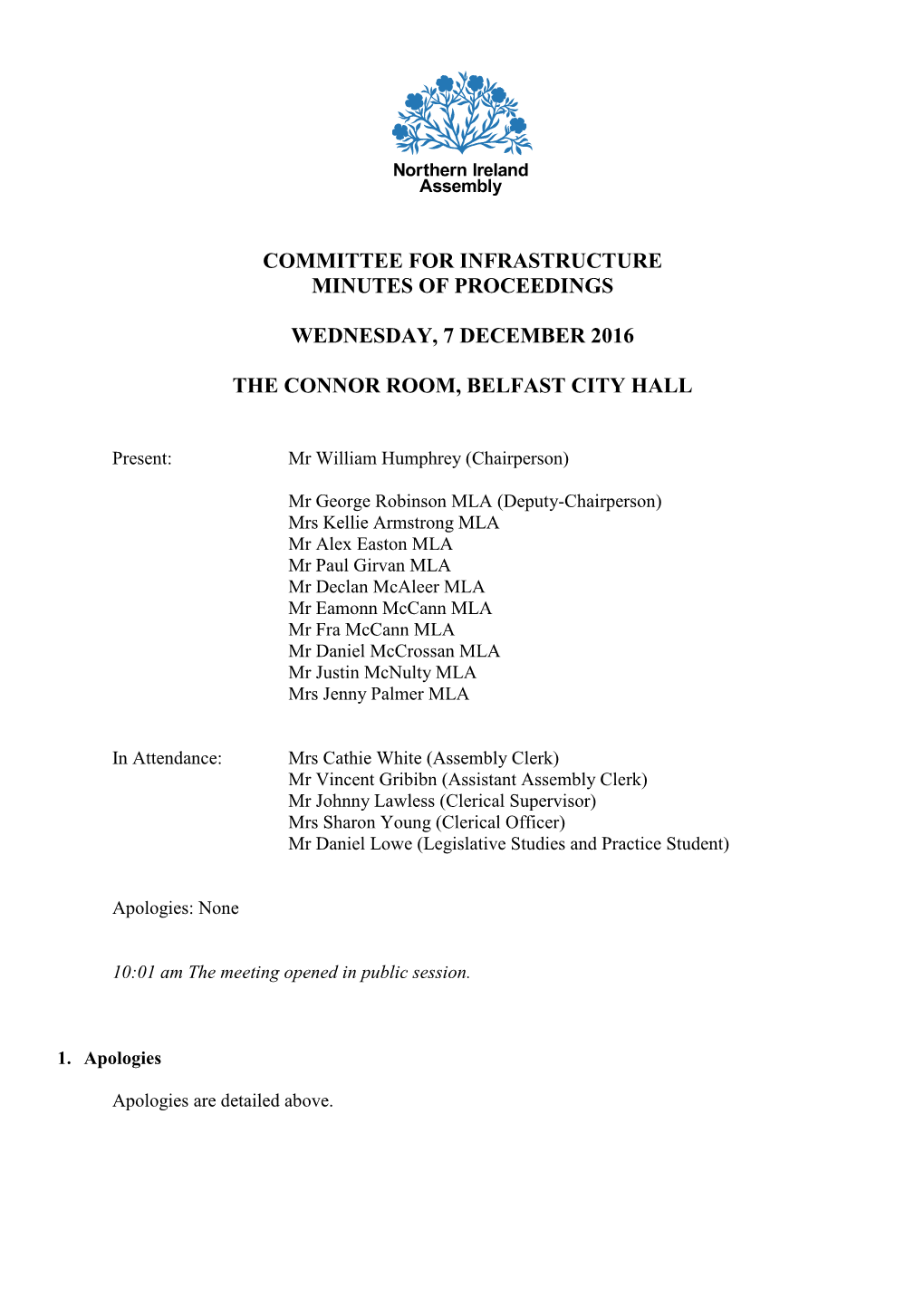 Committee for Infrastructure Minutes of Proceedings Wednesday, 7 December 2016 the Connor Room, Belfast City Hall