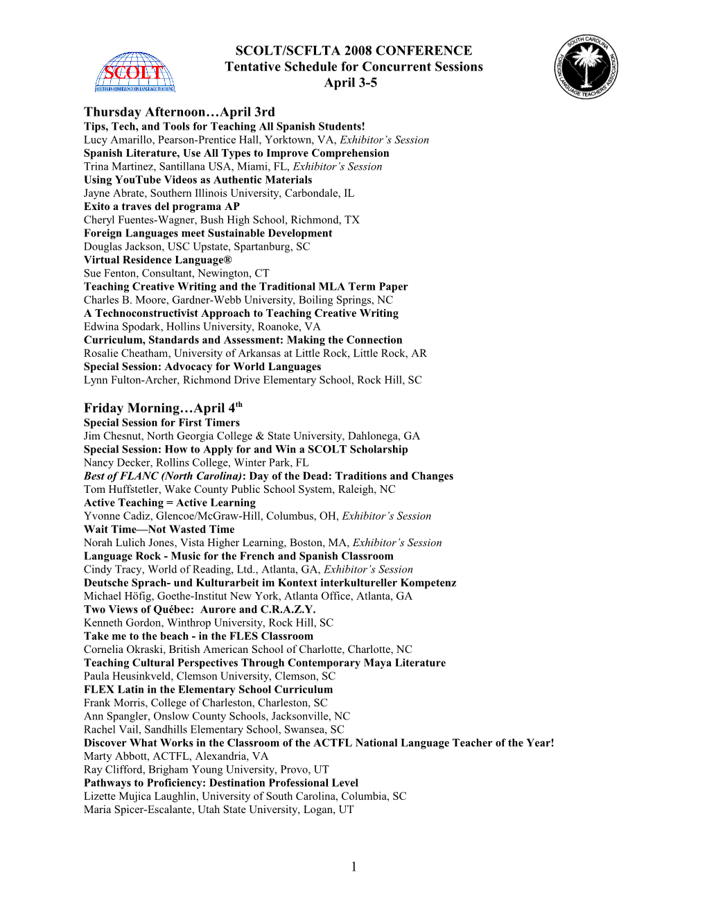 Tentative Schedule for Concurrent Sessions