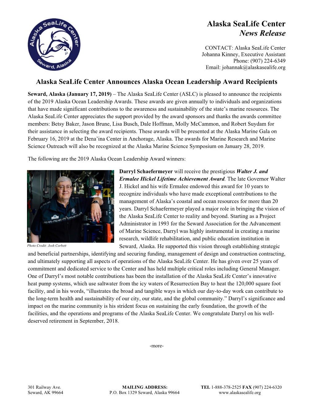 Alaska Sealife Center News Release