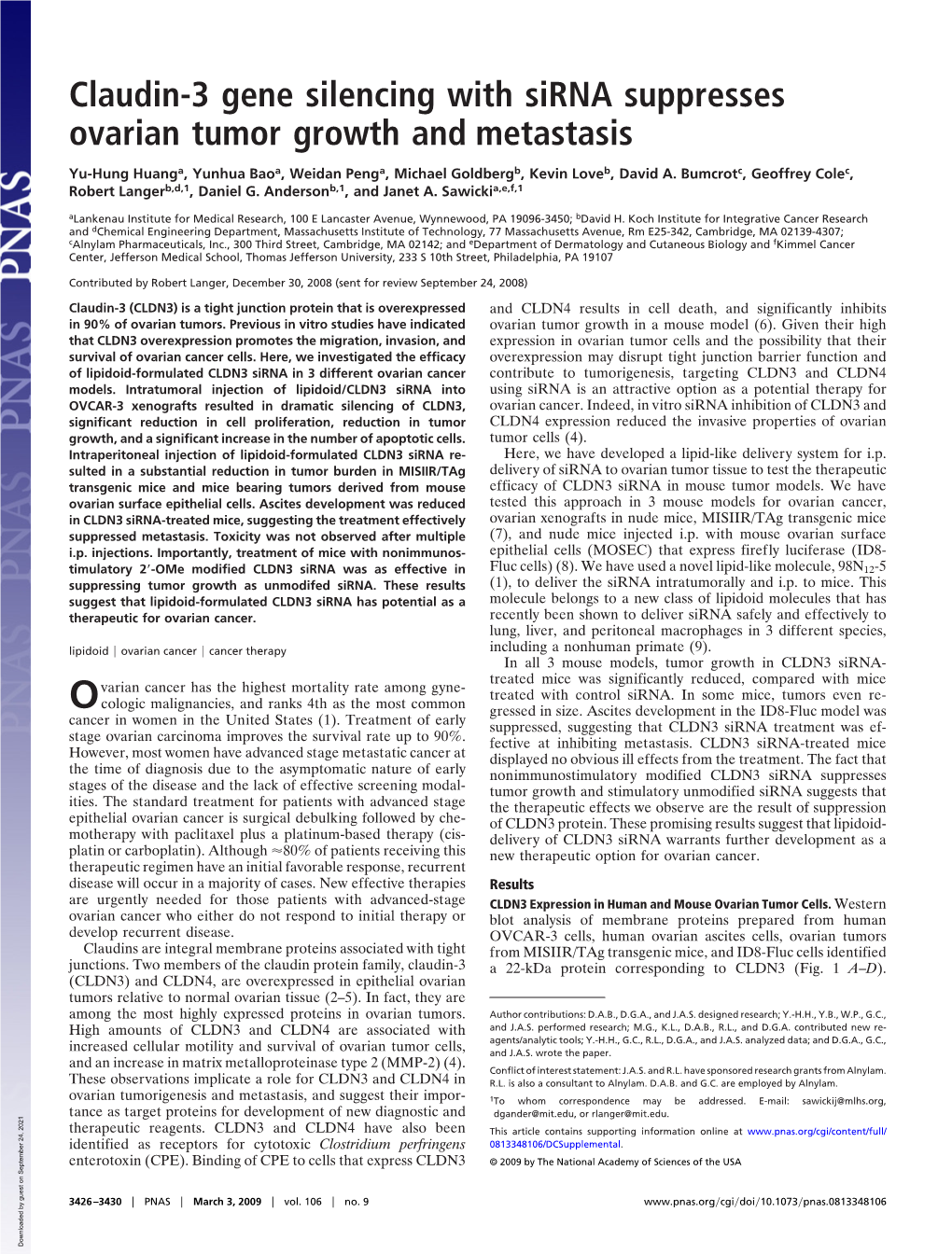 Claudin-3 Gene Silencing with Sirna Suppresses Ovarian Tumor Growth and Metastasis