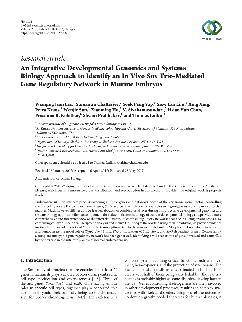 An Integrative Developmental Genomics and Systems Biology Approach to Identify an in Vivo Sox Trio-Mediated Gene Regulatory Network in Murine Embryos