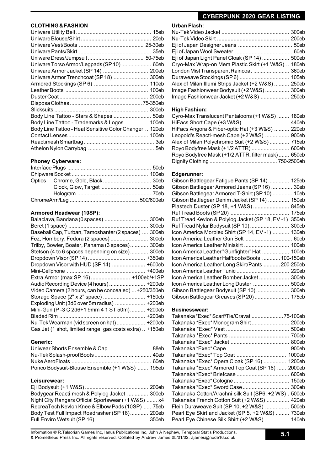 Cyberpunk 2020 Gear Listing V5