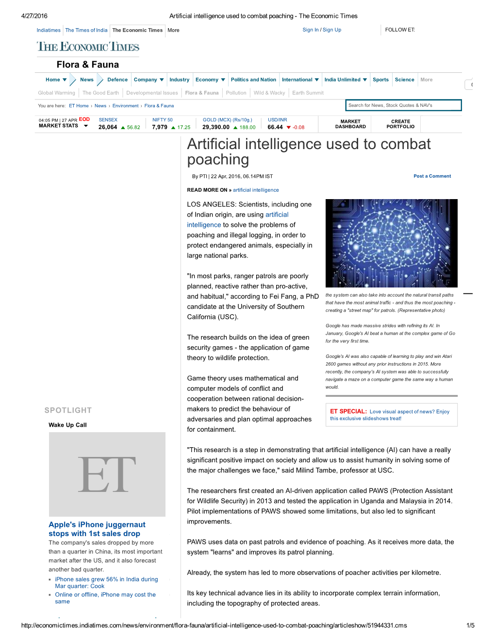 Economic Times: Artificial Intelligence Used to Combat Poaching