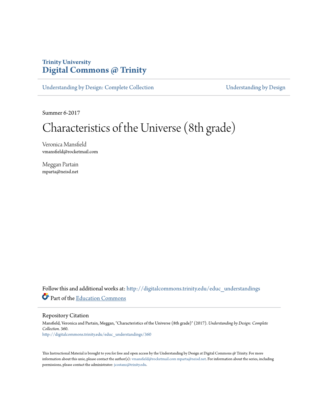 Characteristics of the Universe (8Th Grade) Veronica Mansfield Vmansfield@Rocketmail.Com