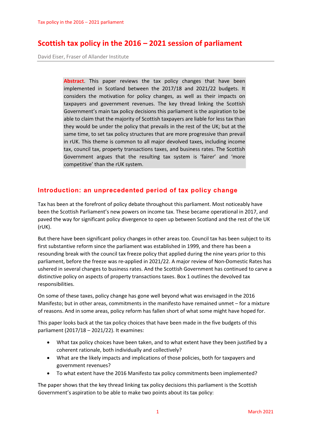 Scottish Tax Policy in the 2016 – 2021 Session of Parliament