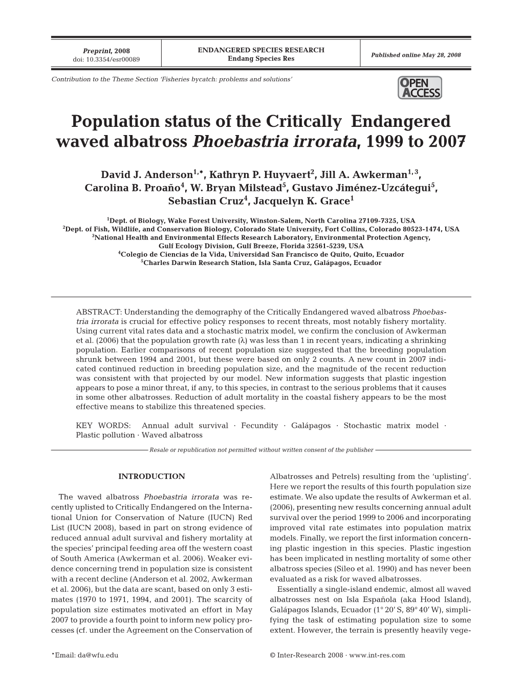 Population Status of the Critically Endangered Waved Albatross Phoebastria Irrorata, 1999 to 2007