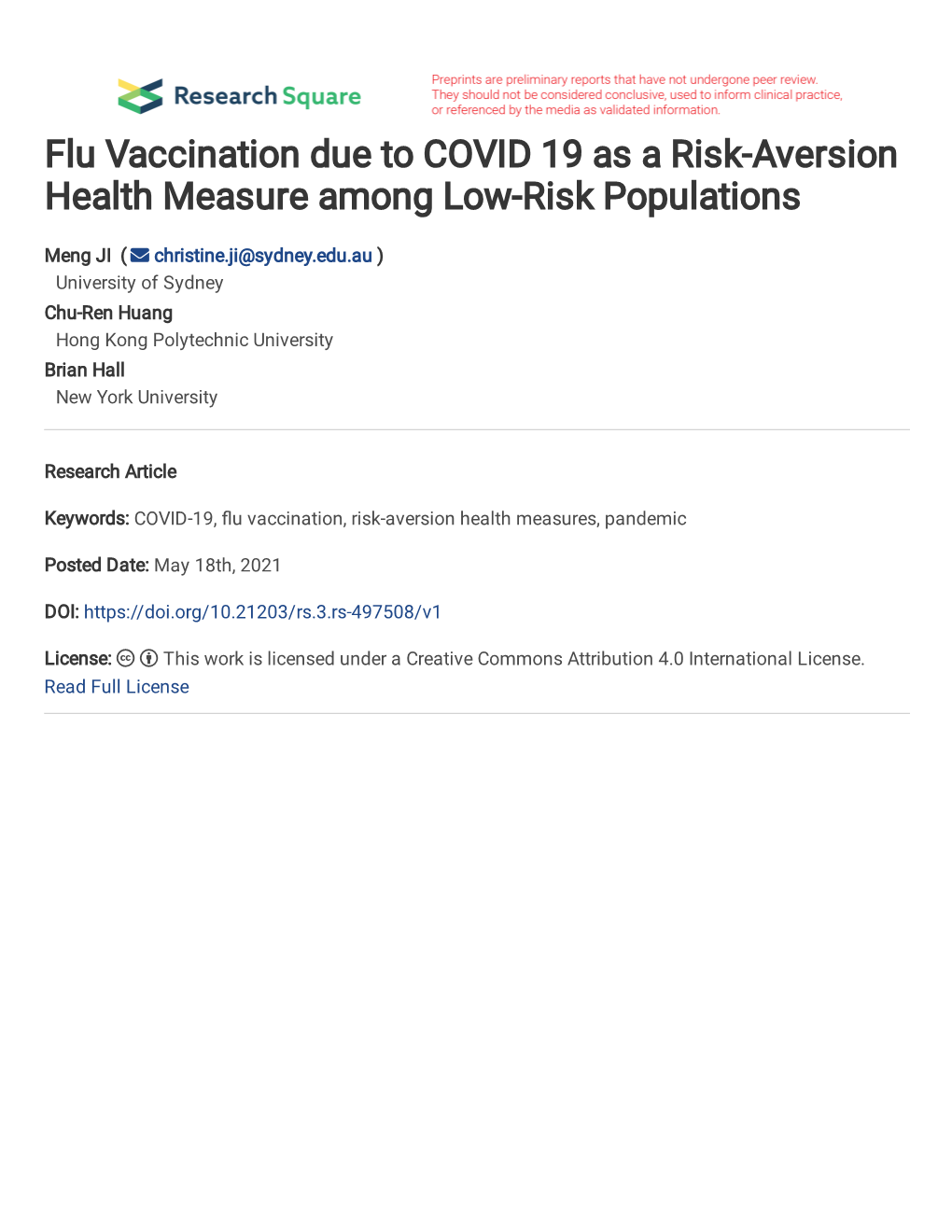 Flu Vaccination Due to COVID 19 As a Risk-Aversion Health Measure Among Low-Risk Populations