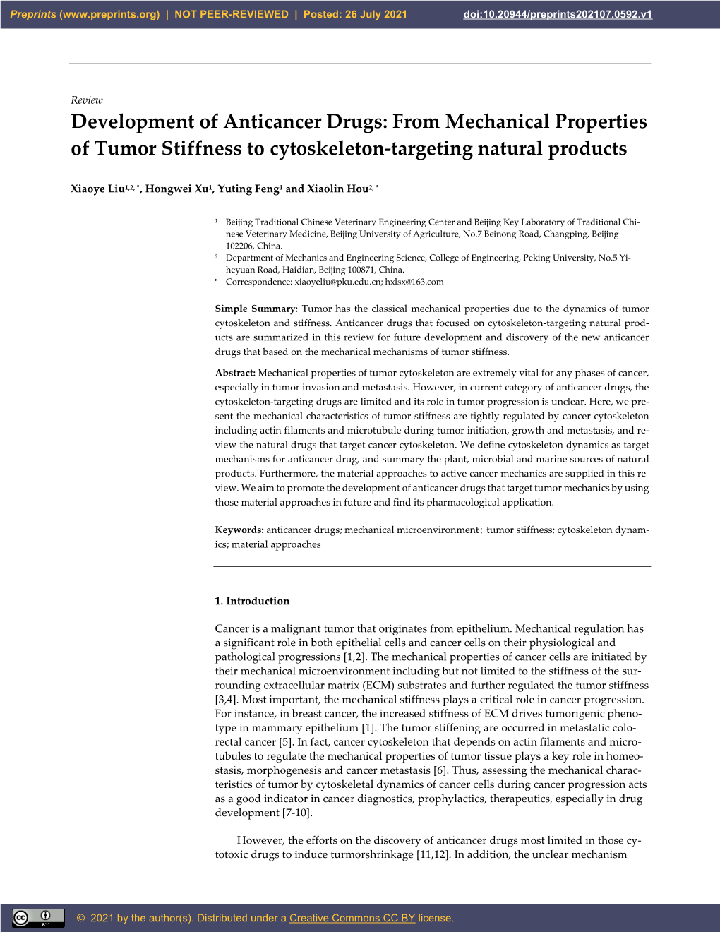 Development of Anticancer Drugs: from Mechanical Properties of Tumor Stiffness to Cytoskeleton-Targeting Natural Products