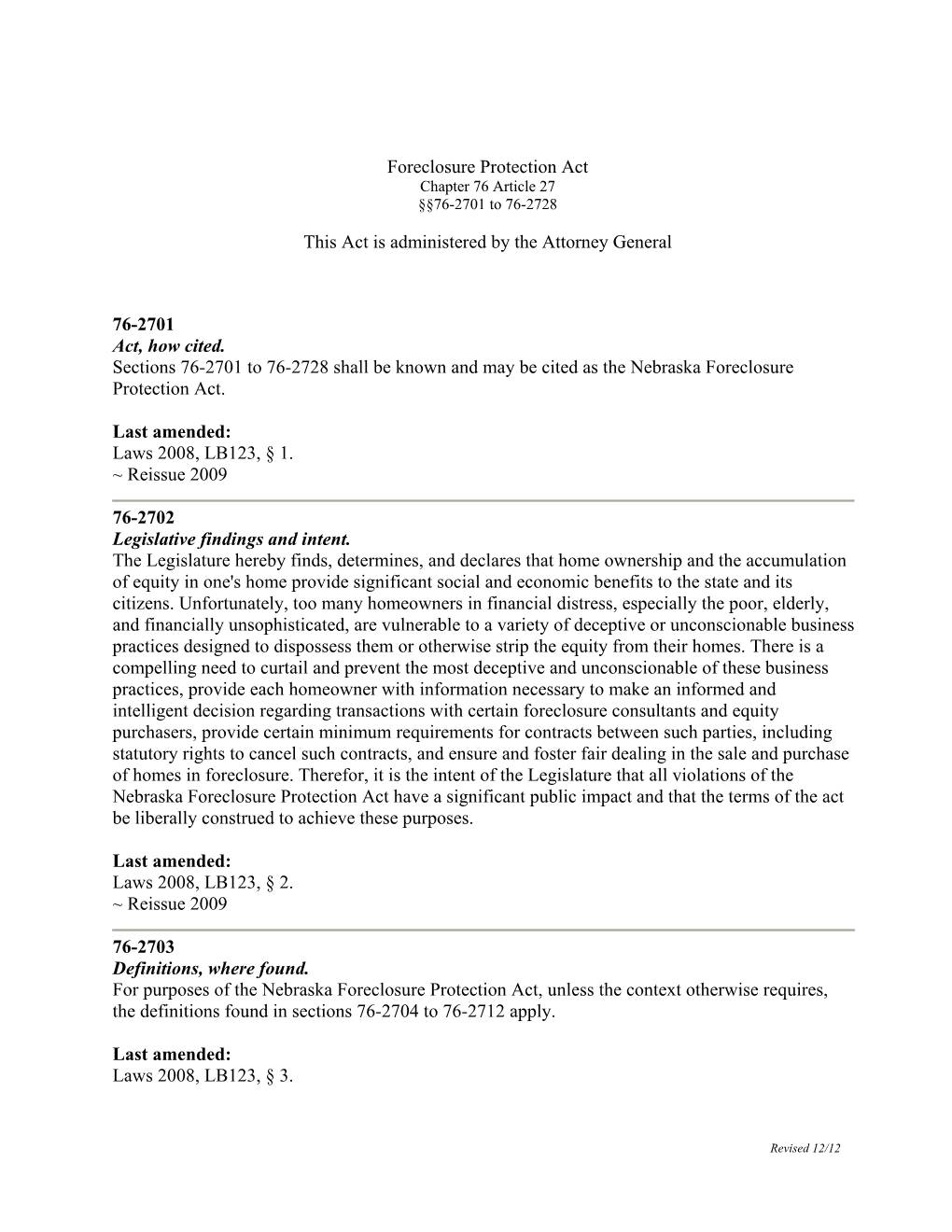 Foreclosure Protection Act This Act Is Administered by the Attorney