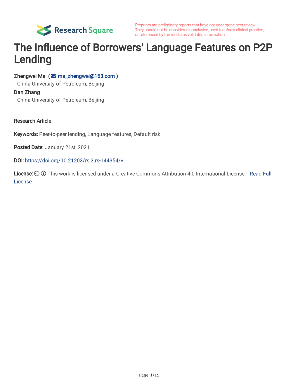 The in Uence of Borrowers' Language Features on P2P Lending