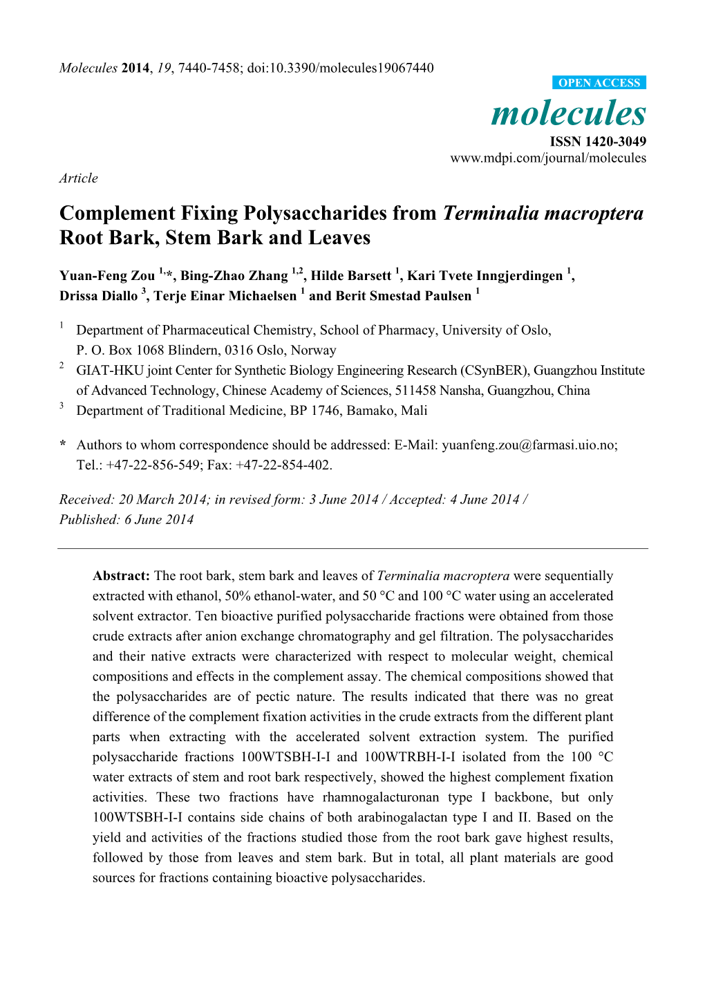 Complement Fixing Polysaccharides from Terminalia Macroptera Root Bark, Stem Bark and Leaves