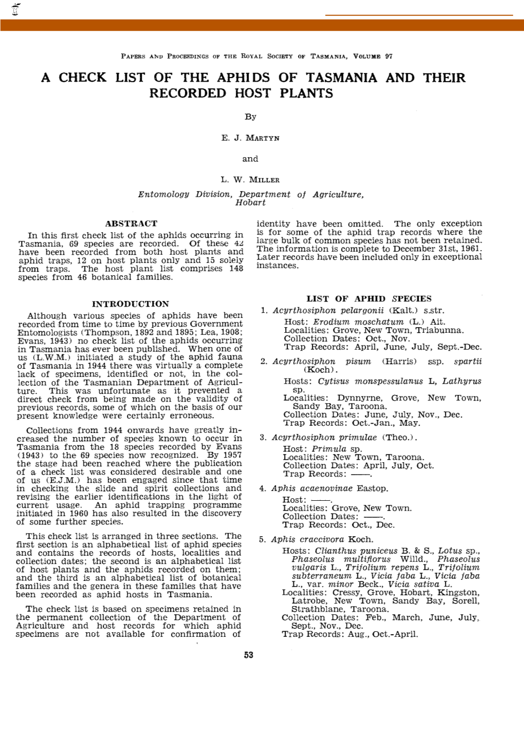 A Check List of the Aphi Ds of Tasmania and Their Recorded Host Plants