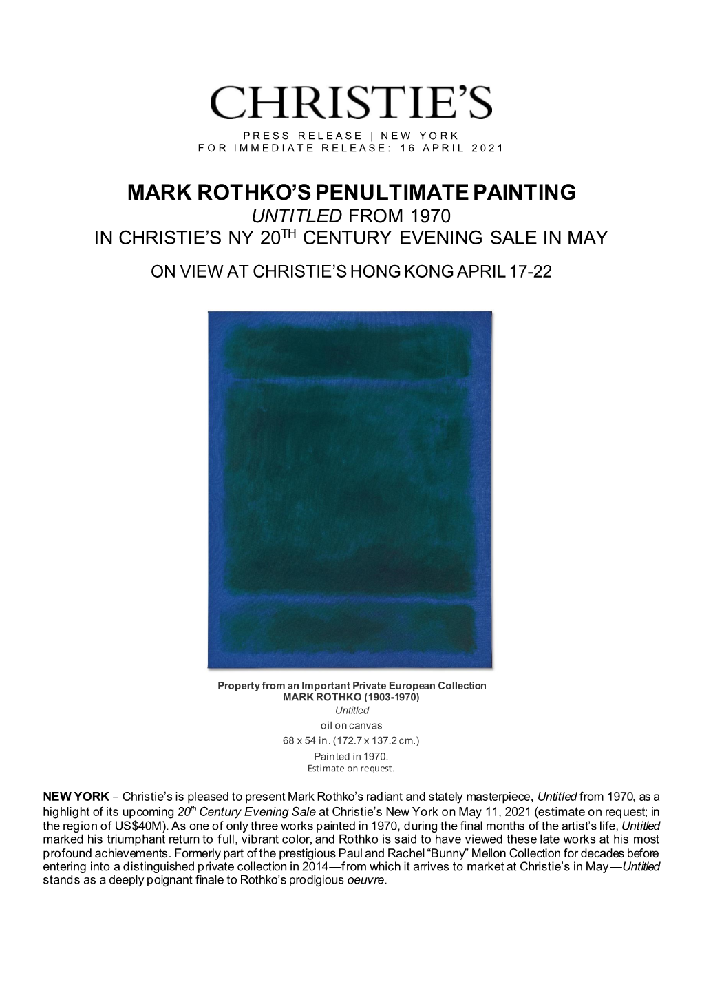 Mark Rothko's Penultimate Painting