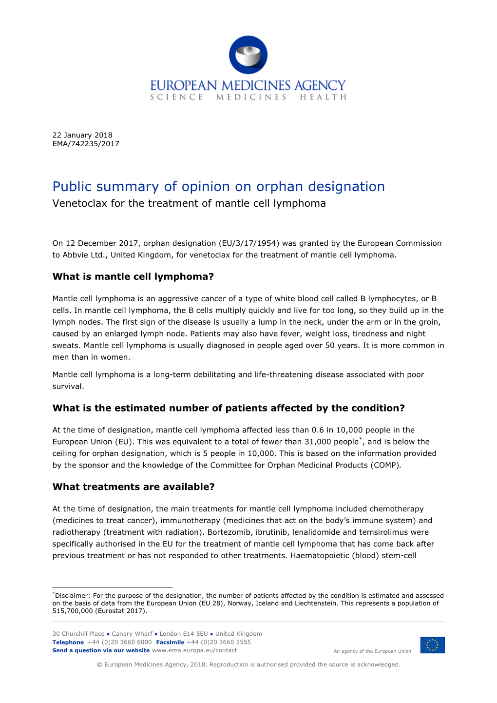 Public Summary of Opinion on Orphan Designation Venetoclax for the Treatment of Mantle Cell Lymphoma