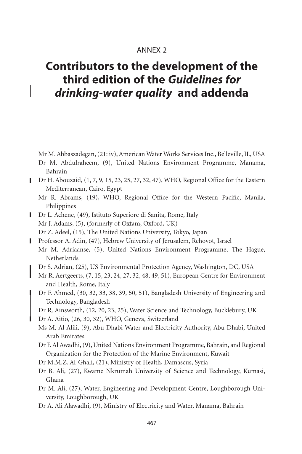 Contributors to the Development of the Third Edition of the Guidelines for Drinking-Water Quality and Addenda