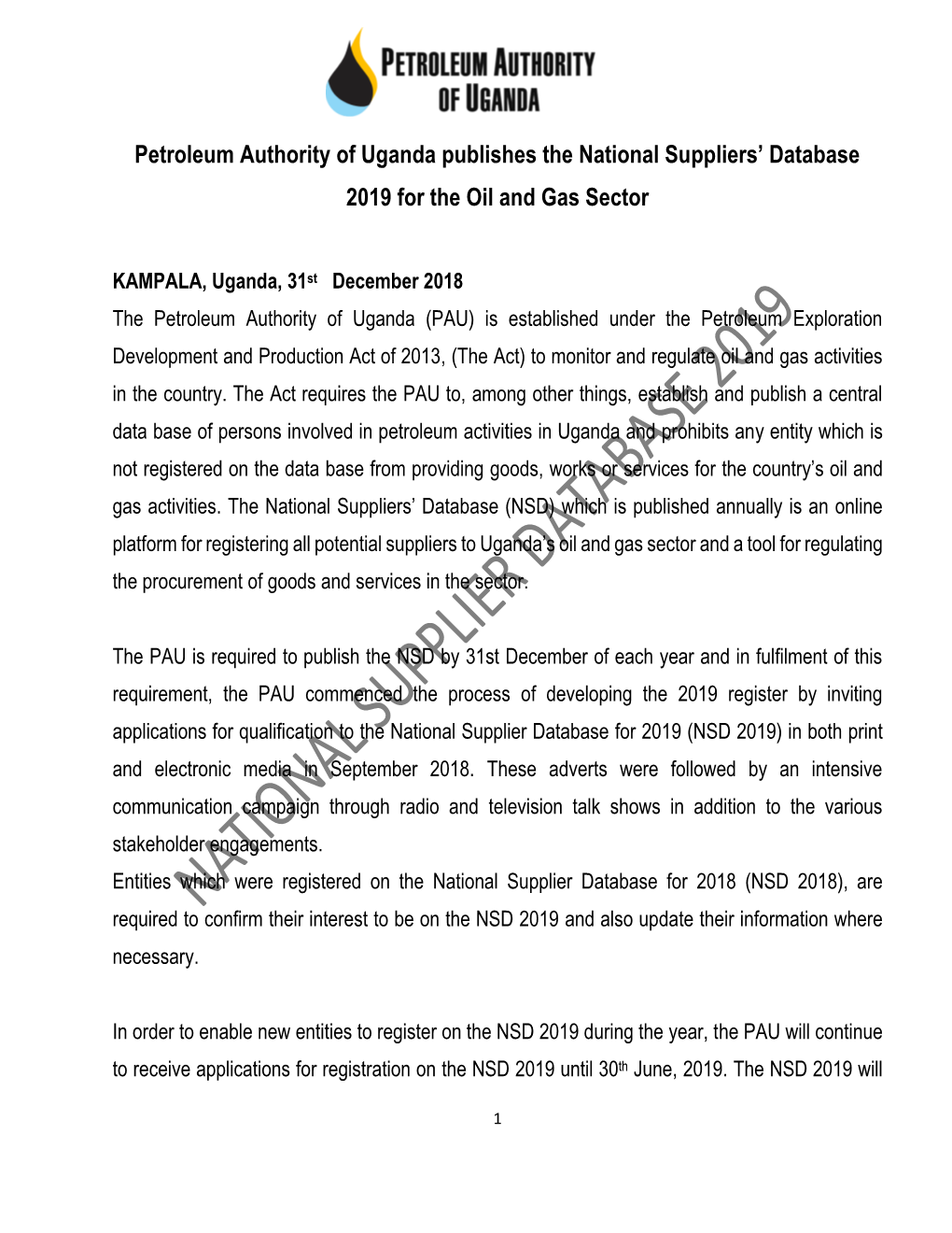 Petroleum Authority of Uganda Publishes the National Suppliers’ Database 2019 for the Oil and Gas Sector