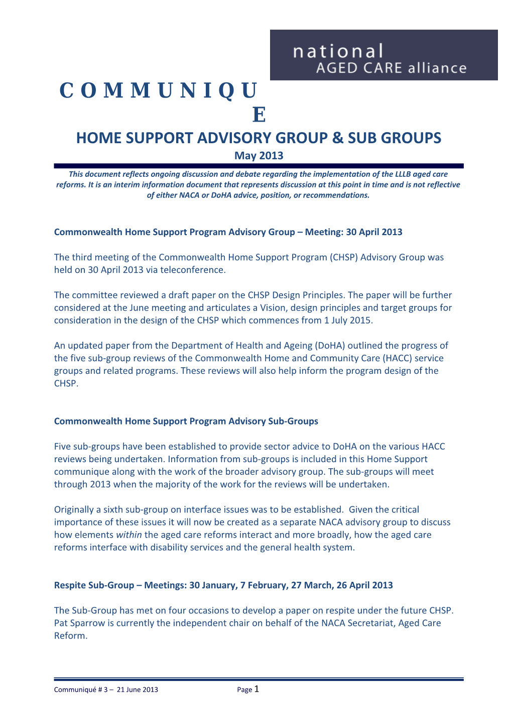 Home Support Advisory Group & Sub Groups