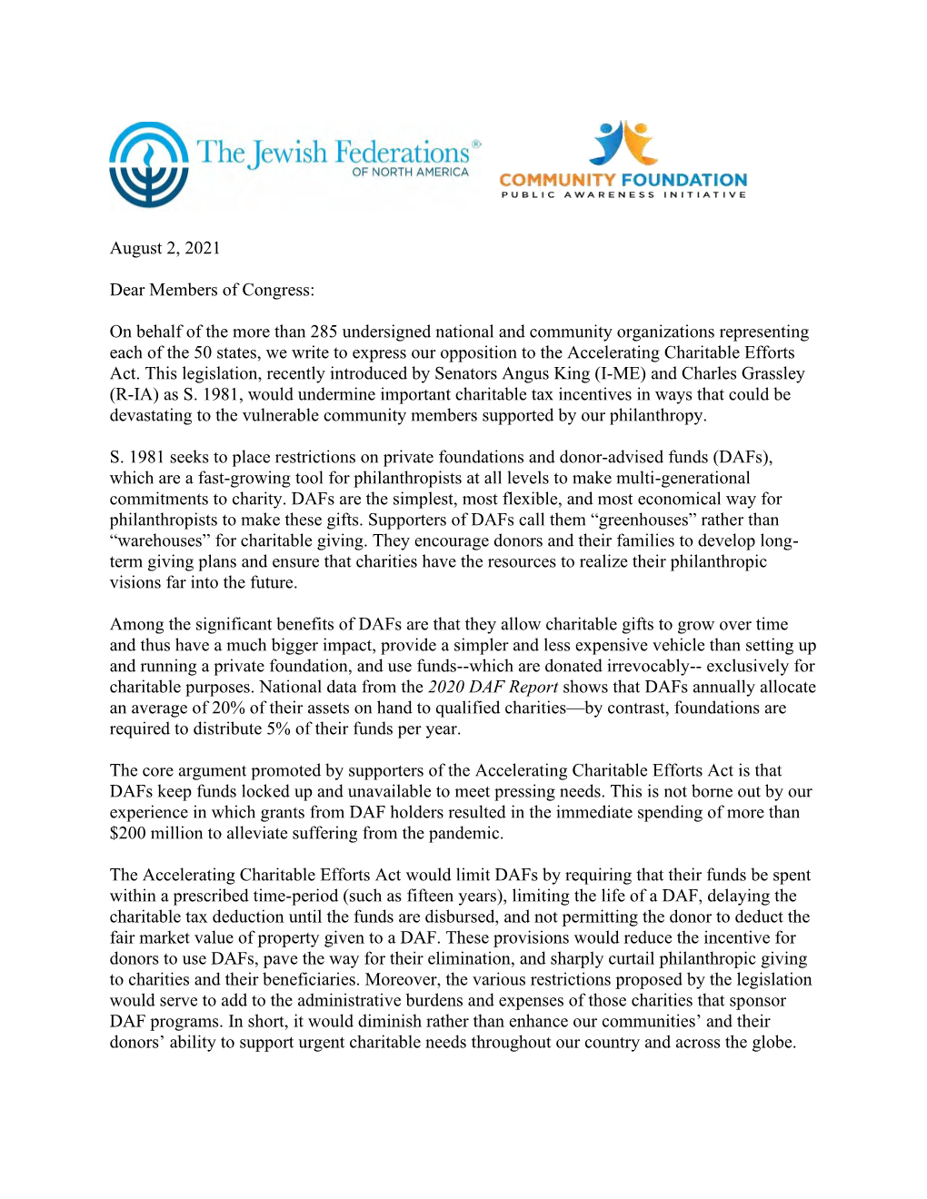 Nonprofit Organizations' Letter to Congress Re Donor Advised Funds