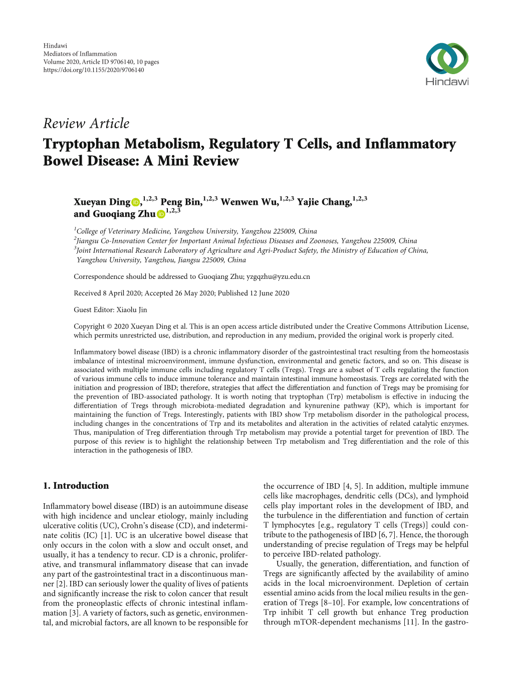 Tryptophan Metabolism, Regulatory T Cells, and Inflammatory Bowel Disease: a Mini Review