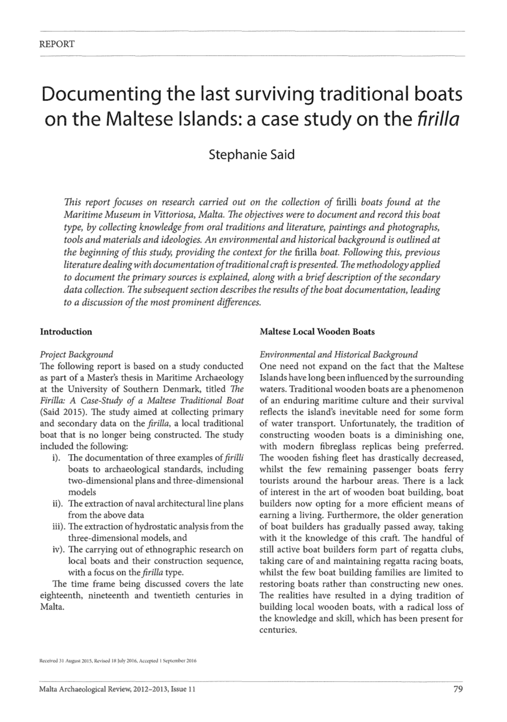 Documenting the Last Surviving Traditional Boats on the Maltese Islands: a Case Study on the Firilla