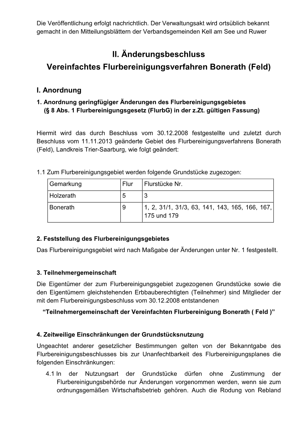 II. Änderungsbeschluss Vereinfachtes Flurbereinigungsverfahren Bonerath (Feld)