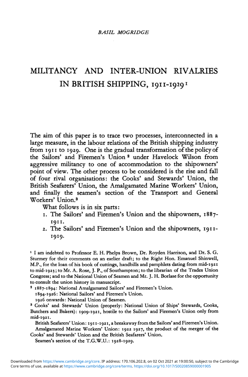 Militancy and Inter-Union Rivalries in British Shipping, 1911–1929
