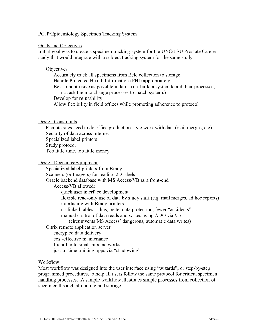 Pcap/Epidemiology Specimen Tracking System