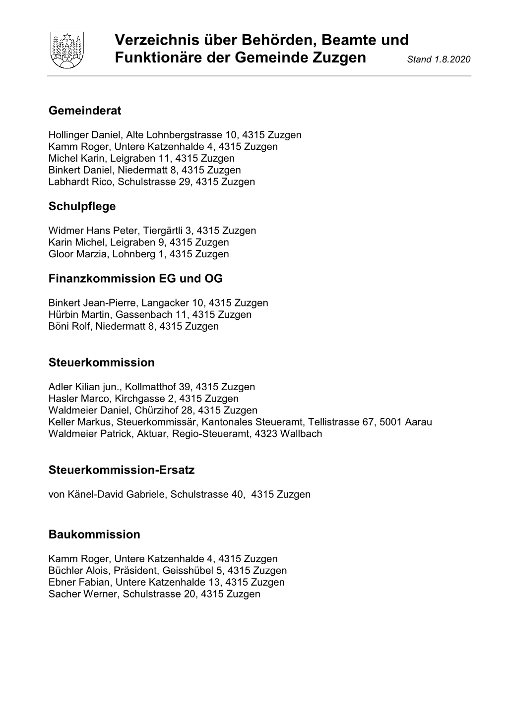Verzeichnis Über Behörden, Beamte Und Funktionäre Der Gemeinde Zuzgen Stand 1.8.2020