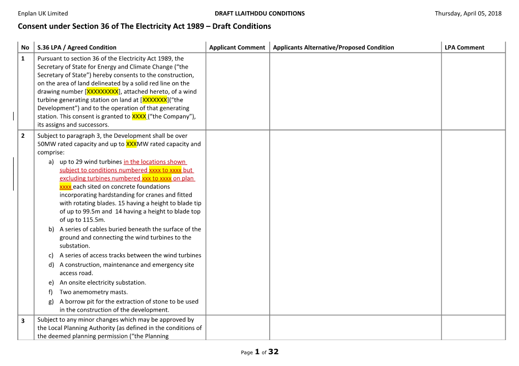 Consent Under Section 36 of the Electricity Act 1989 Draft Conditions