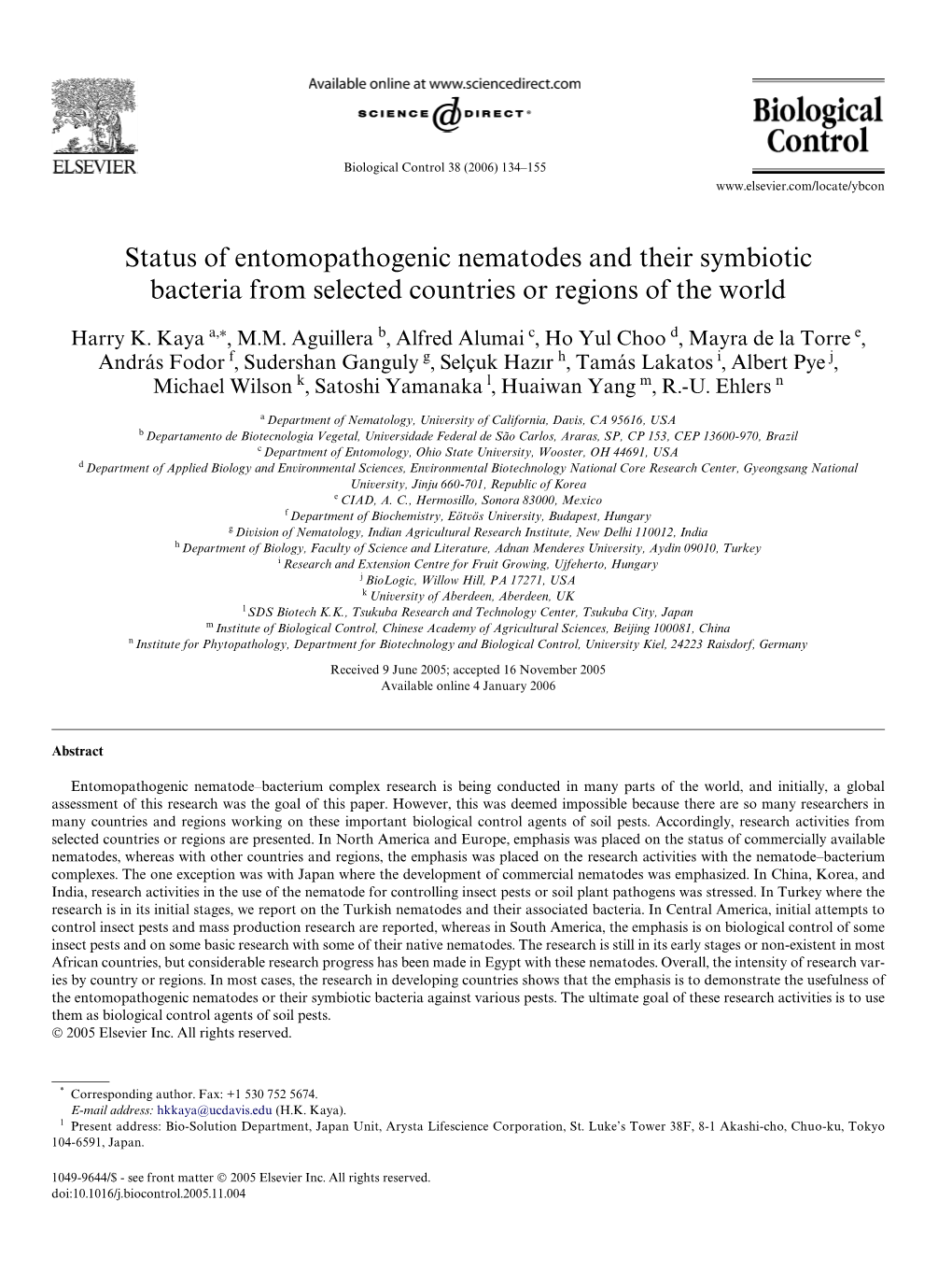 Status of Entomopathogenic Nematodes and Their Symbiotic Bacteria from Selected Countries Or Regions of the World