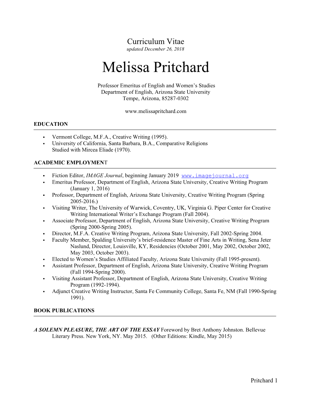 Curriculum Vitae Updated December 26, 2018 Melissa Pritchard