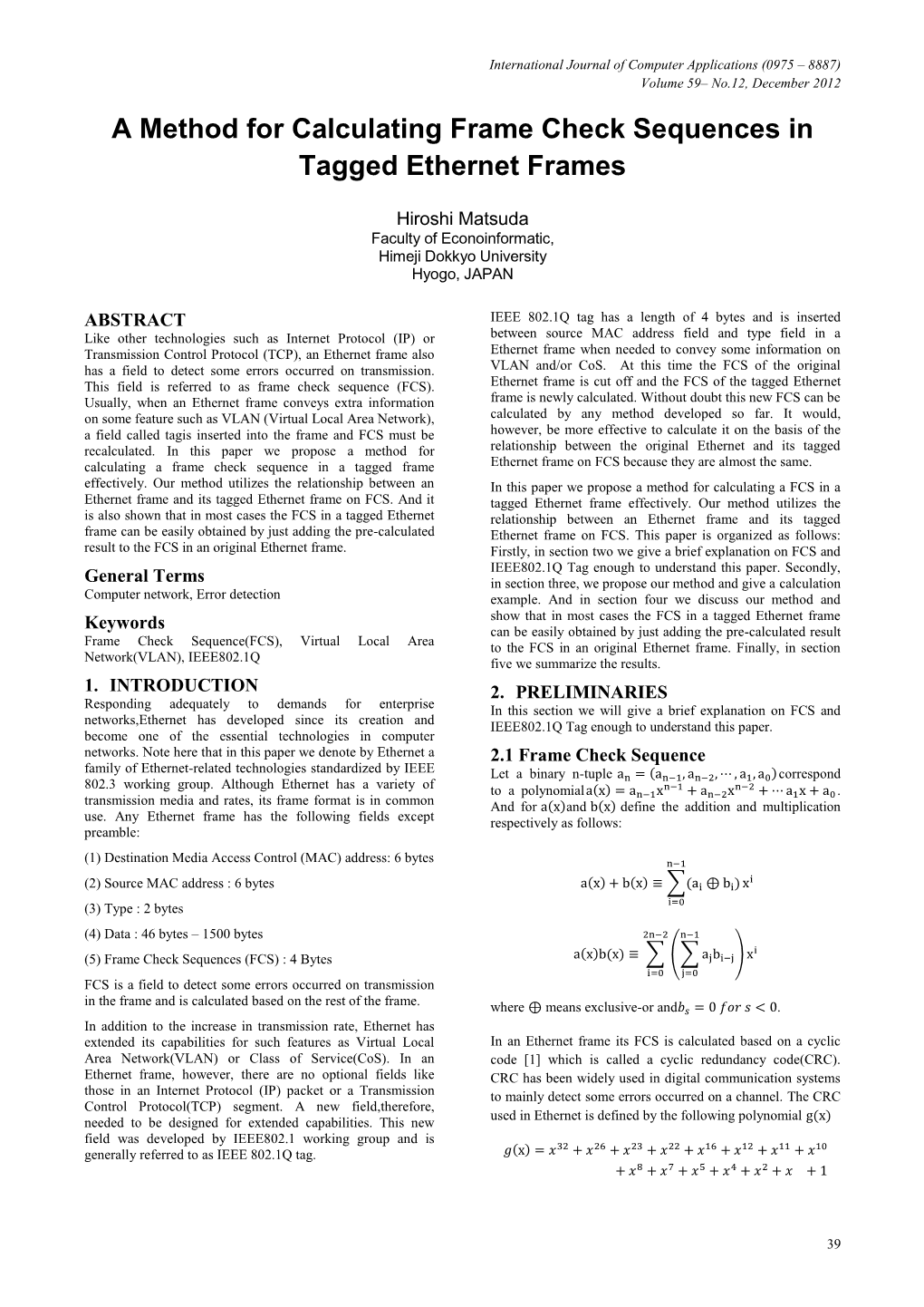 A Method for Calculating Frame Check Sequences in Tagged Ethernet Frames