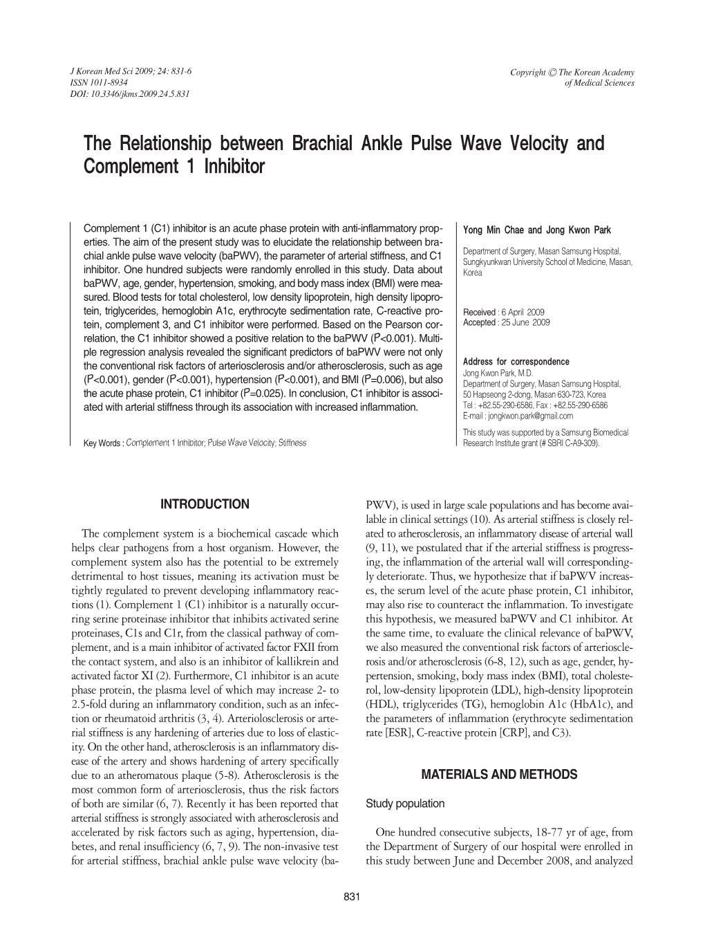 The Relationship Between Brachial Ankle Pulse Wave Velocity and Complement 1 Inhibitor