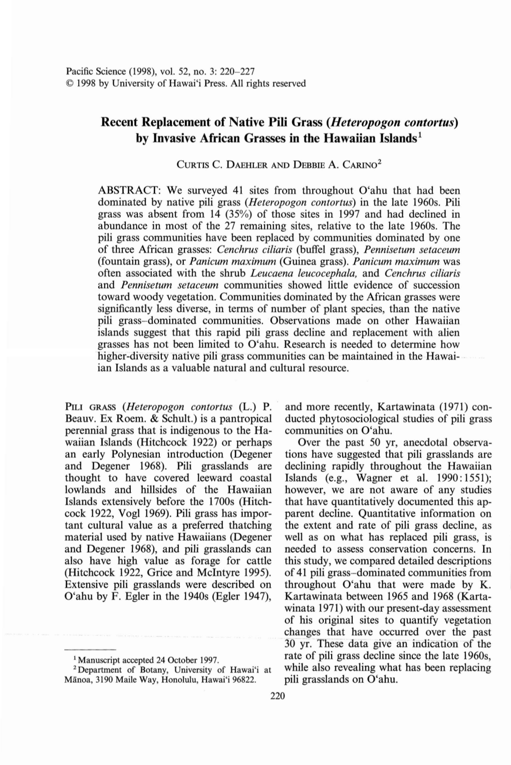 Heteropogon Contortus) by Invasive African Grasses in the Hawaiian Islands 1