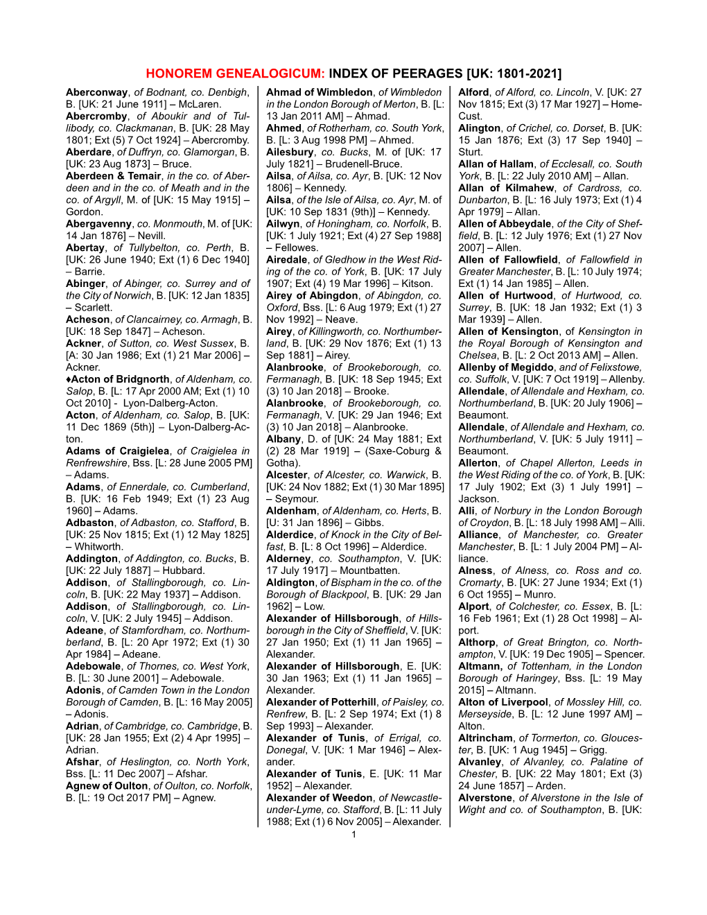 HONOREM GENEALOGICUM: INDEX of PEERAGES [UK: 1801-2021] Aberconway, of Bodnant, Co