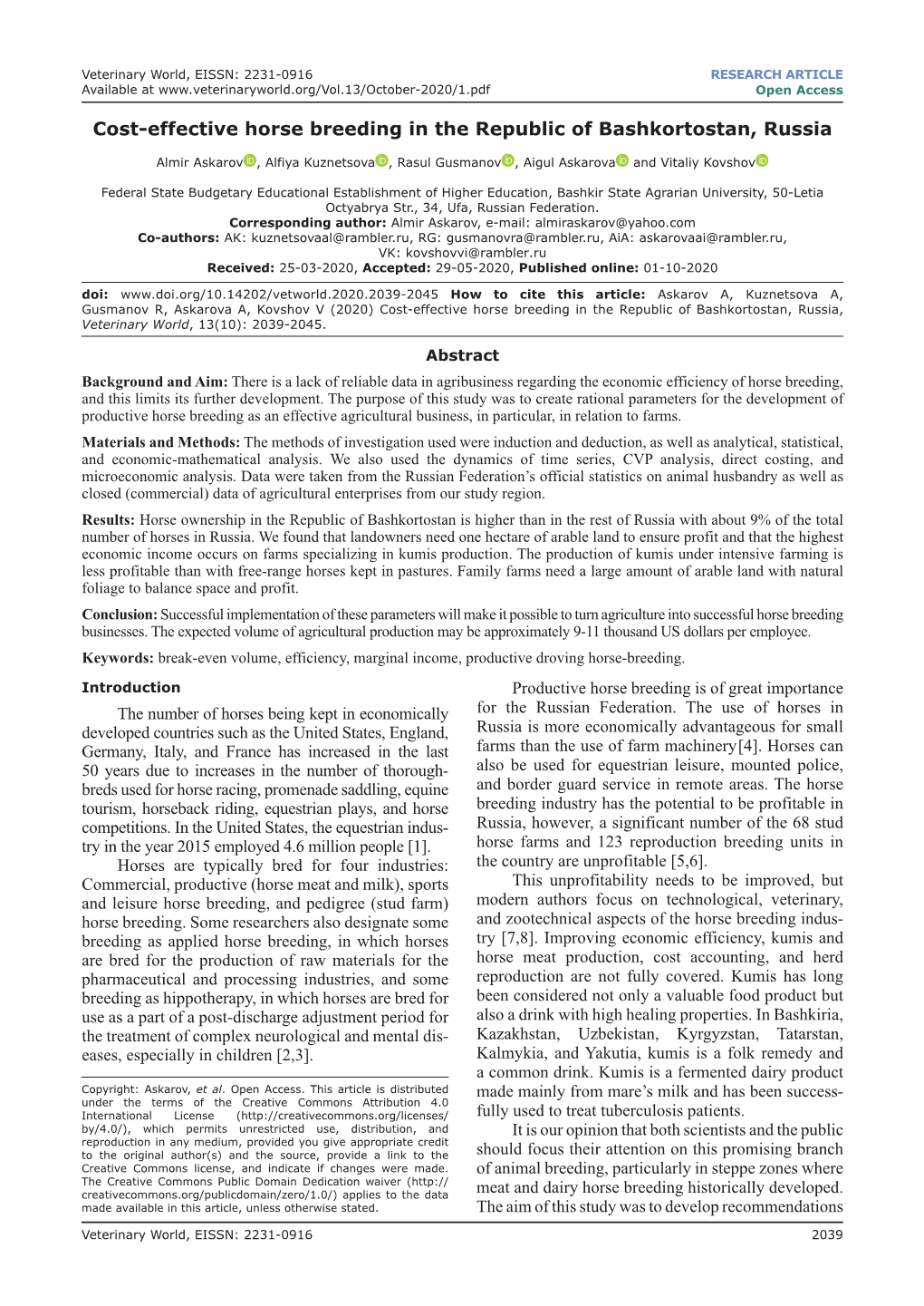 Cost-Effective Horse Breeding in the Republic of Bashkortostan, Russia