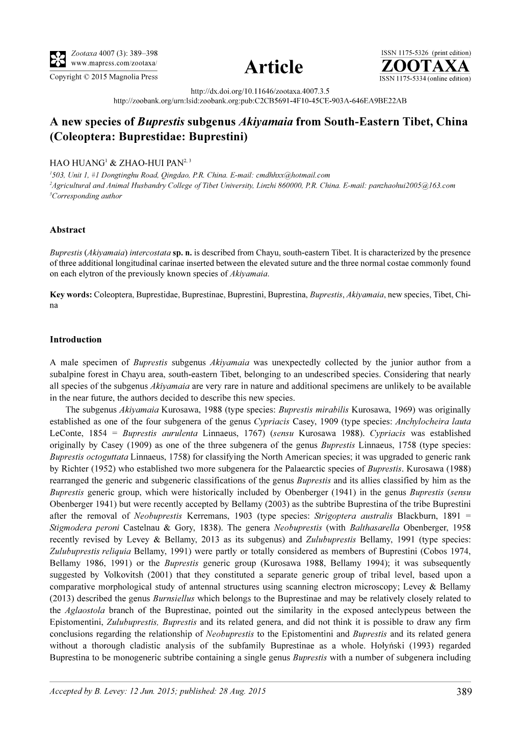 A New Species of Buprestis Subgenus Akiyamaia from South-Eastern Tibet, China (Coleoptera: Buprestidae: Buprestini)