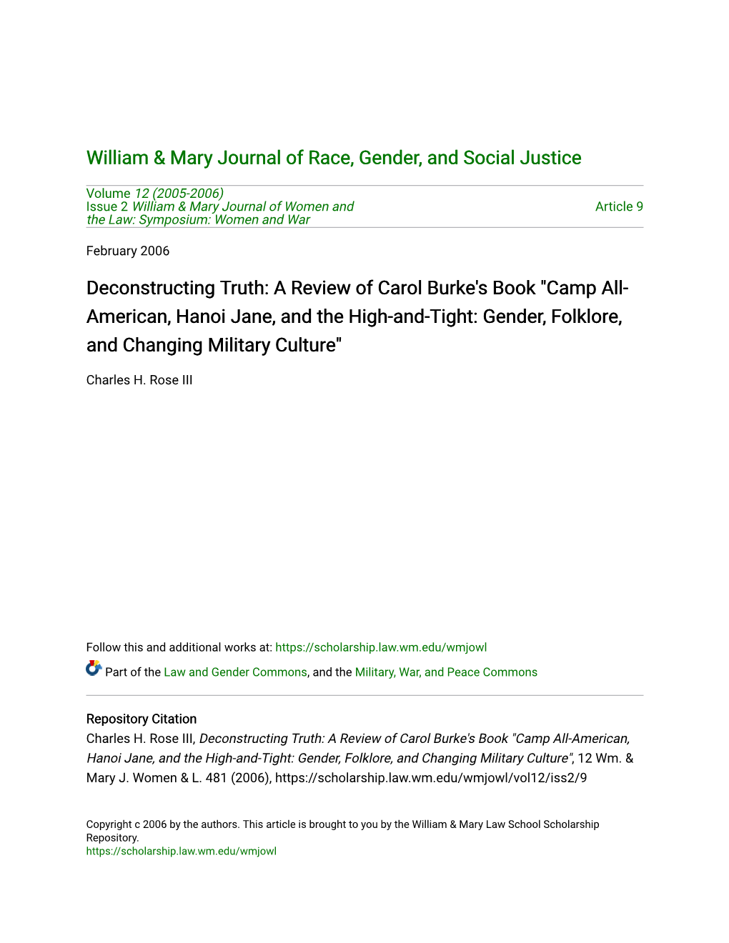 A Review of Carol Burke's Book "Camp All- American, Hanoi Jane, and the High-And-Tight: Gender, Folklore, and Changing Military Culture"