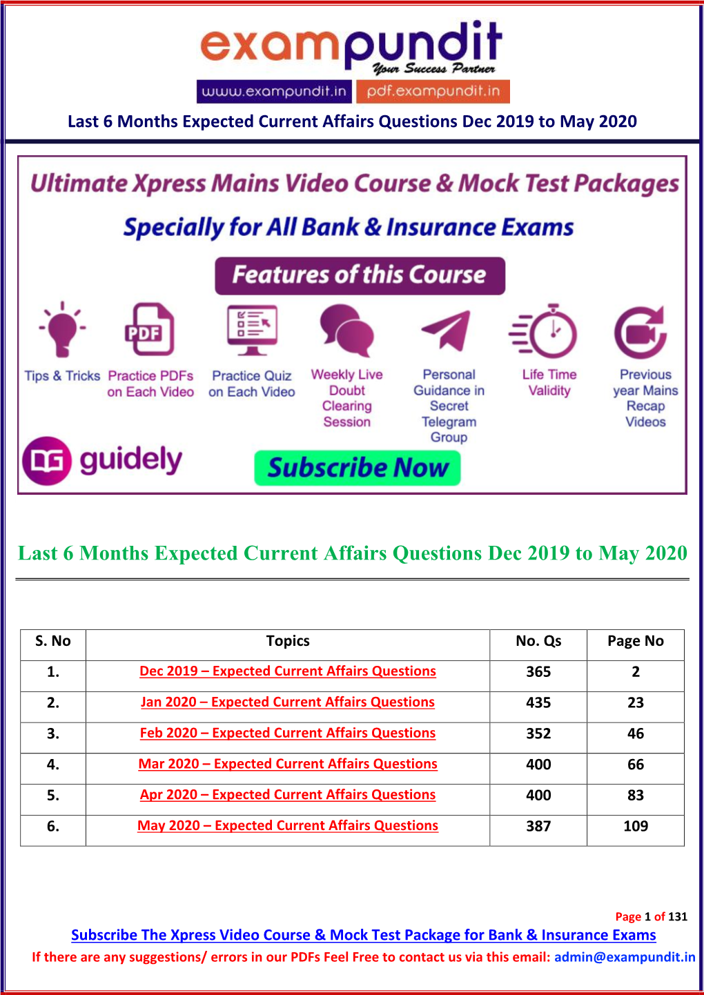 Last 6 Months Expected Current Affairs Questions Dec 2019 to May 2020