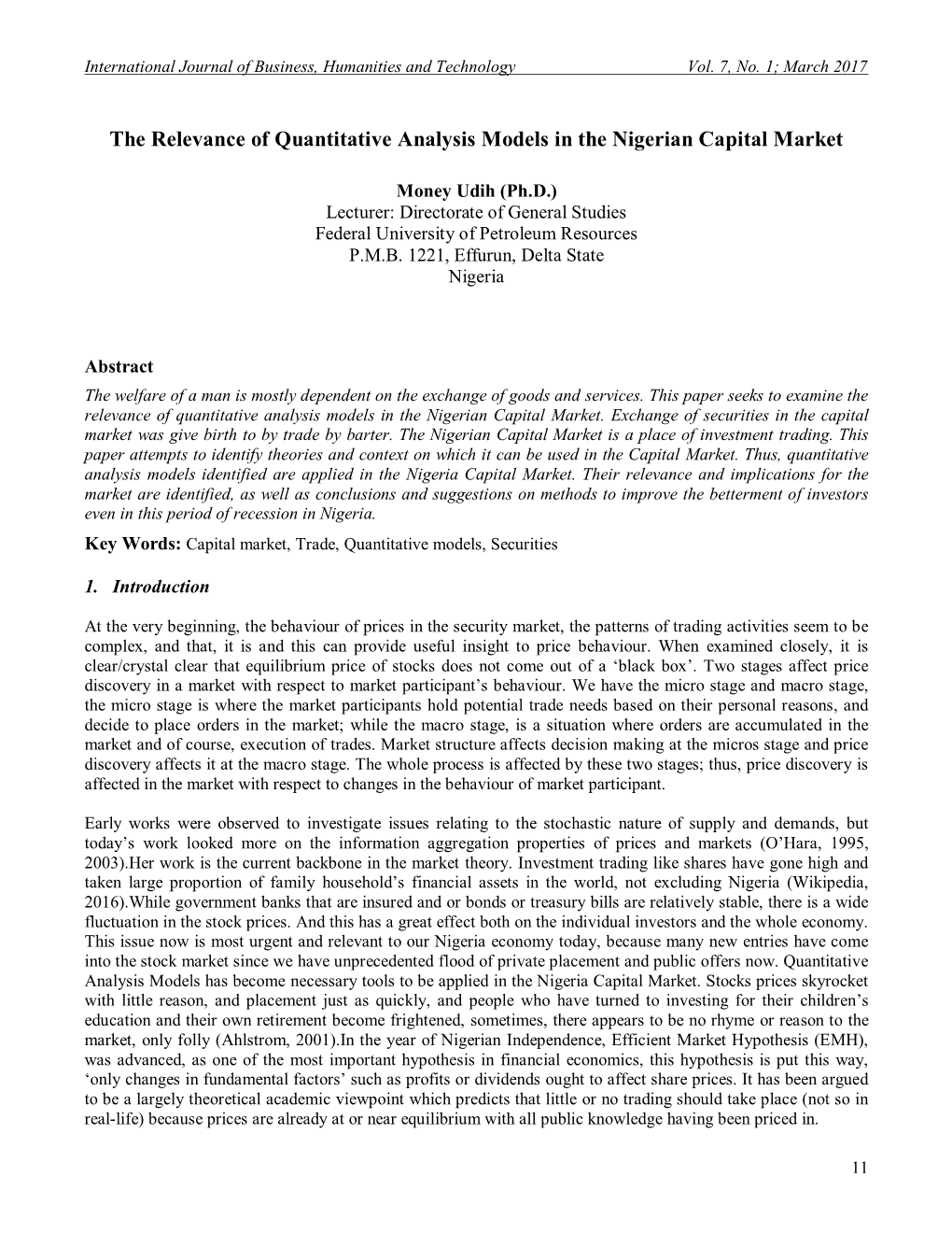 The Relevance of Quantitative Analysis Models in the Nigerian Capital Market