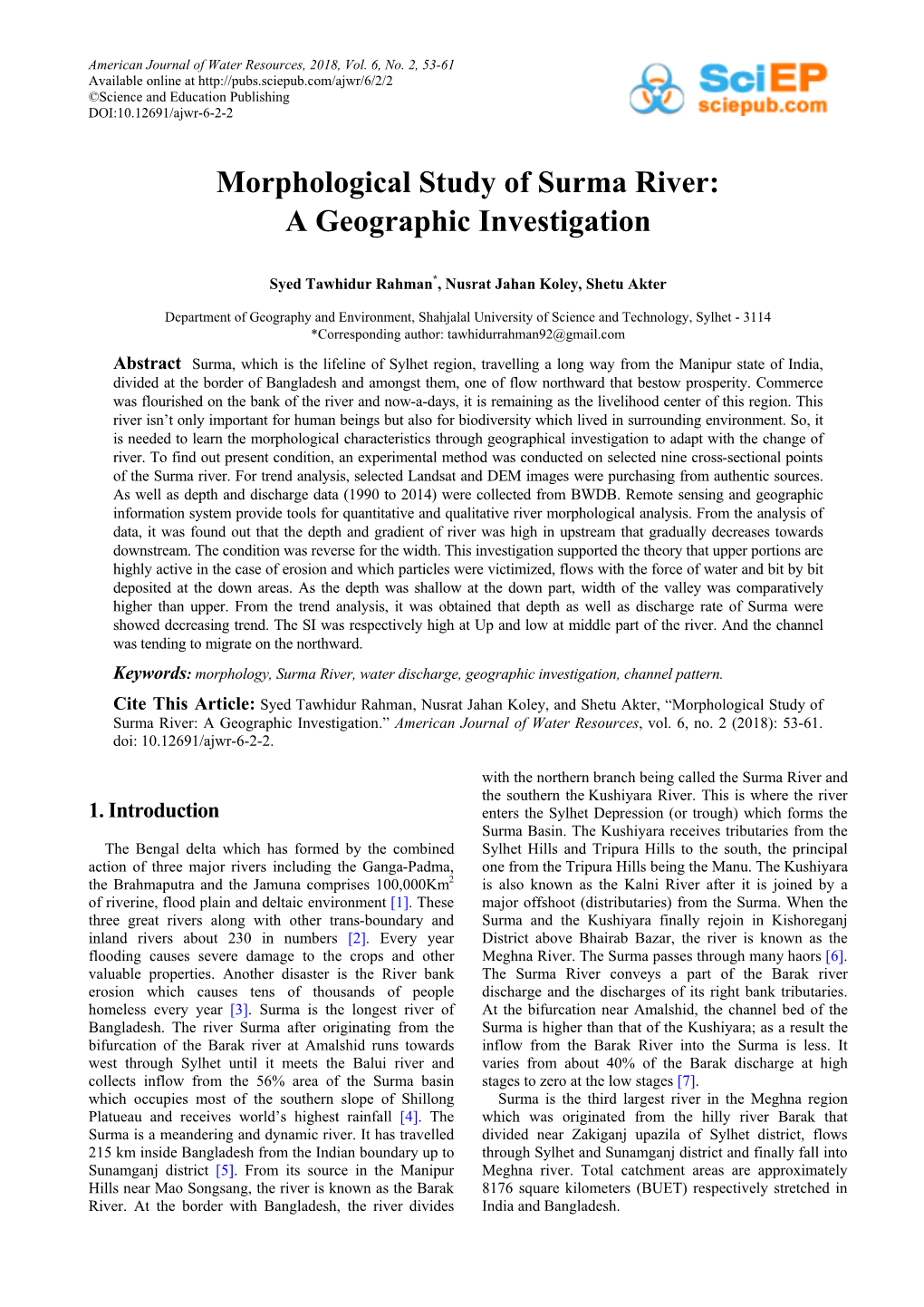 Morphological Study of Surma River: a Geographic Investigation