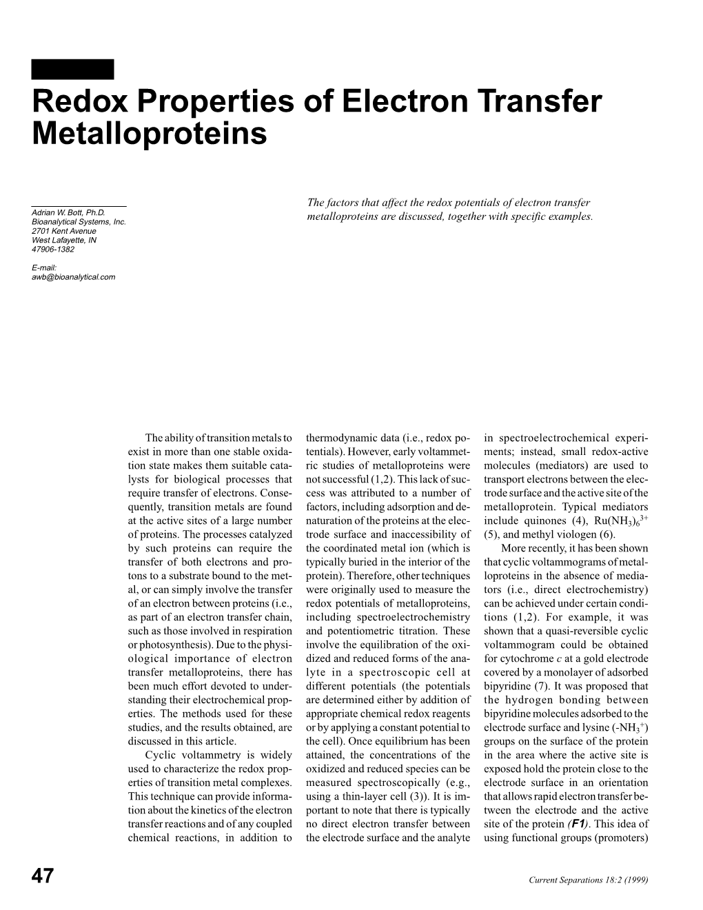 Redox Properties of Electron Transfer Metalloproteins