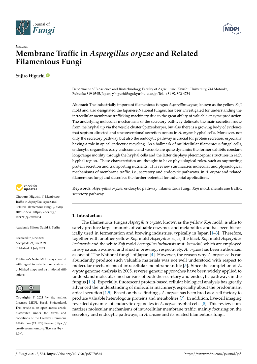 Membrane Traffic in Aspergillus Oryzae and Related Filamentous